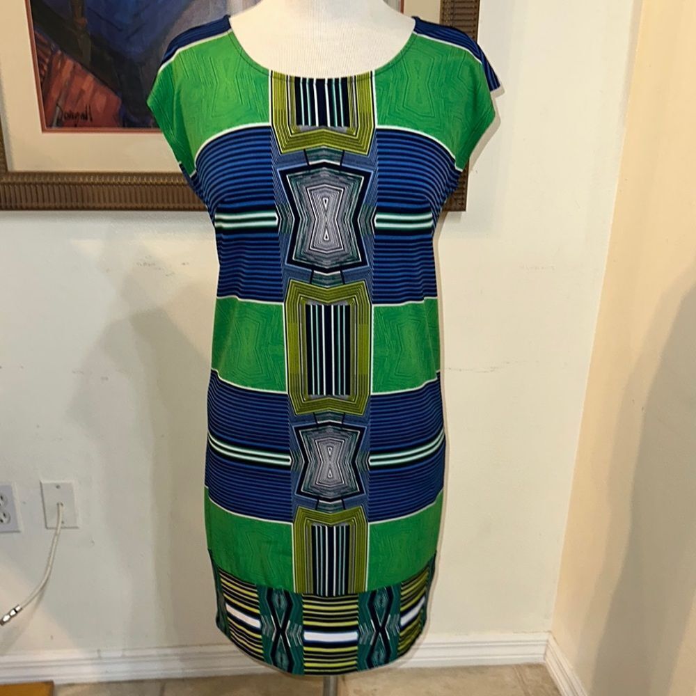 Laundry by Shelli Segal Green/ Blue Geometric Pattern Shift Dress Size XS